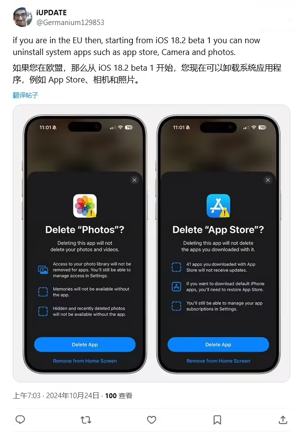 江达苹果手机维修分享iOS 18.2 支持删除 App Store 应用商店 