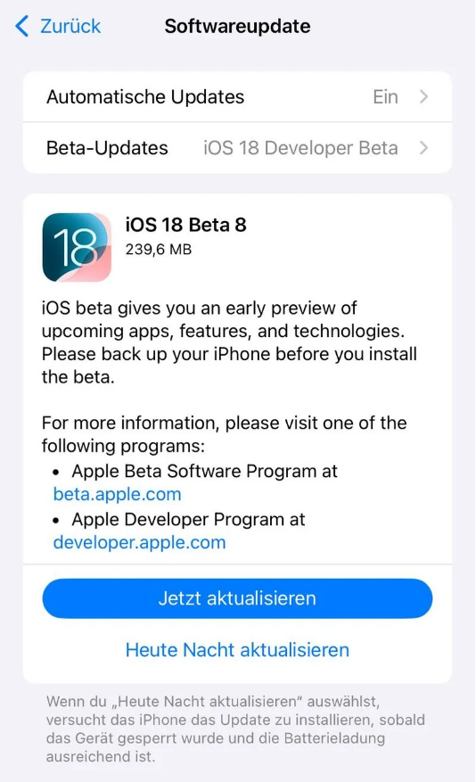 江达苹果手机维修分享苹果 iOS / iPadOS 18 开发者预览版 Beta 8 发布 